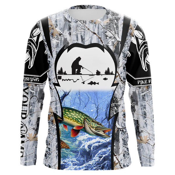 Maxcorners Northern Pike ice fishing Winter camo custom unisex Long sleeve fishing shirt, Ice fishing Pike jersey MT2108