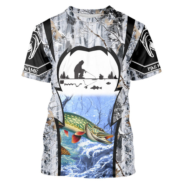 Maxcorners Northern Pike ice fishing Winter camo custom unisex Long sleeve fishing shirt, Ice fishing Pike jersey MT2108