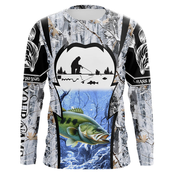 Maxcorners Largemouth Bass ice fishing Winter camo custom Long sleeve fishing shirts, Ice fishing Bass jersey MT2108