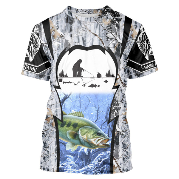 Maxcorners Largemouth Bass ice fishing Winter camo custom Long sleeve fishing shirts, Ice fishing Bass jersey MT2108