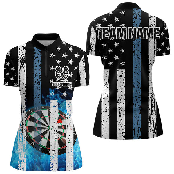 Maxcorners Blue Flame Dart Board Black And White American Flag Custom Team Dart Polo, Quarter Zip Shirt For Men