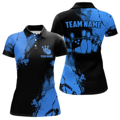 Maxcorners Black And Blue Retro Mens Bowling Polo, Quarter Zip Shirts Custom Team Bowling Jerseys Mens And Women Outfit
