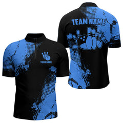 Maxcorners Black And Blue Retro Mens Bowling Polo, Quarter Zip Shirts Custom Team Bowling Jerseys Mens And Women Outfit