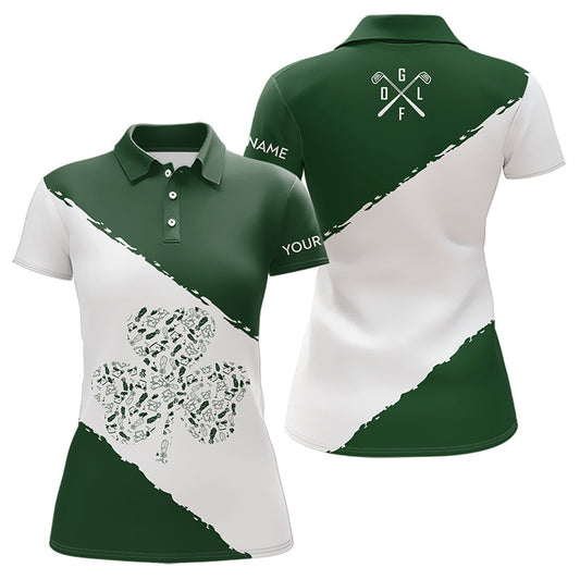 Maxcorners Green And White Shamrock Men And Women Golf Polo Shirts Customize Name St Patrick Day Golf Apparel For Men