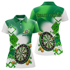 Maxcorners Green Shamrock Mens Darts Polo, Quarter Zip Shirts Custom St Patrick Day Team League Darts Jersey