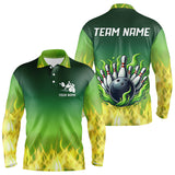 Maxcorners Personalized Yellow Green Flame Bowling Polo, Quarter Zip Shirts For Men Custom Team Bowling Jersey
