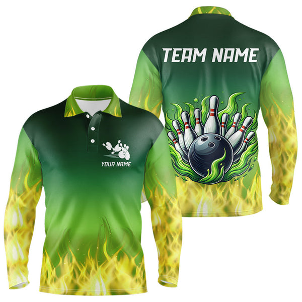 Maxcorners Personalized Yellow Green Flame Bowling Polo, Quarter Zip Shirts For Men Custom Team Bowling Jersey