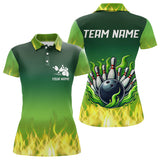 Maxcorners Personalized Yellow Green Flame Bowling Polo, Quarter Zip Shirts For Men Custom Team Bowling Jersey