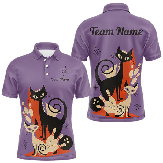 Maxcorners Custom retro bowling shirts Cat Bowling jersey for men Team Bowling Polo, 1/4 Zip Shirts | Purple LM2602