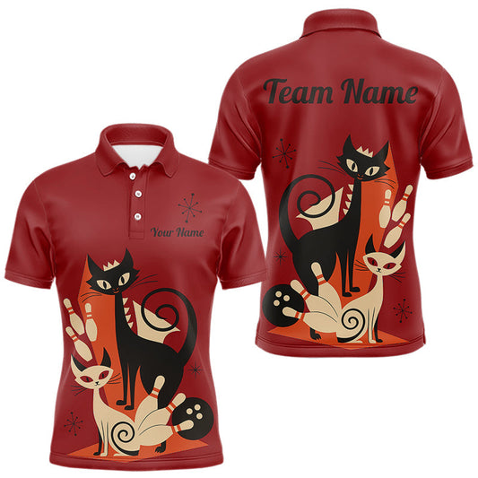 Maxcorners Custom retro bowling shirts Cat Bowling jersey for men Team Bowling Polo, 1/4 Zip Shirts | Red LM2602