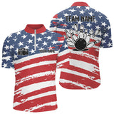 MaxCorners Bowling Ball And Pins American Flag Patriotic 1 Customized Name, Team Name 3D Stand Collar Zipper Polo Shirt