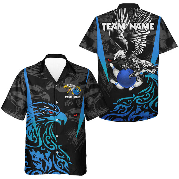 Maxcorners Black And Blue Tribal Eagle Bowling Polo, Quarter Zip Shirts For Men Custom Eagle Bowling Team Shirt Lm173