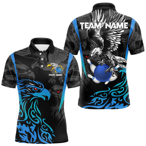 Maxcorners Black And Blue Tribal Eagle Bowling Polo, Quarter Zip Shirts For Men Custom Eagle Bowling Team Shirt Lm173