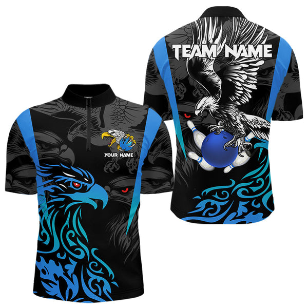 Maxcorners Black And Blue Tribal Eagle Bowling Polo, Quarter Zip Shirts For Men Custom Eagle Bowling Team Shirt