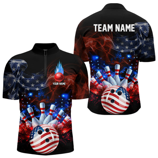 Maxcorners Personalized Smoke American Flag Bowling Team Shirts For Men Custom Patriotic Bowling Gifts For Bowler Lm173