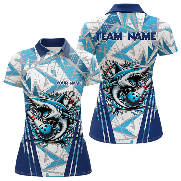 Maxcorners Personalized Blue Camo Shark Bowling Team Shirts For Men Custom Shark Bowling Polo, Quarter Zip Shirt Lm173