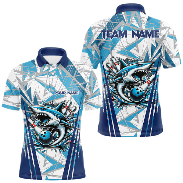 Maxcorners Personalized Blue Camo Shark Bowling Team Shirts For Men Custom Shark Bowling Polo, Quarter Zip Shirt Lm173