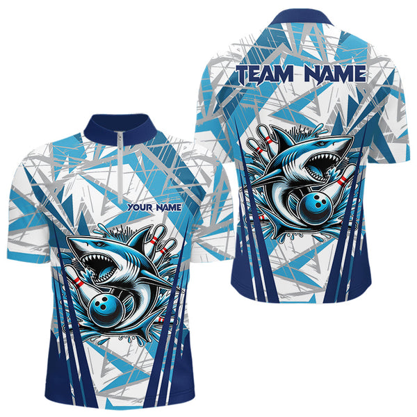 Maxcorners Personalized Blue Camo Shark Bowling Team Shirts For Men Custom Shark Bowling Polo, Quarter Zip Shirt Lm173