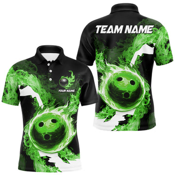 Maxcorners Green Flame Fire Bowling Shirts for Men Custom Bowling Team Jersey Bowling Polo & Quarter-Zip Shirts