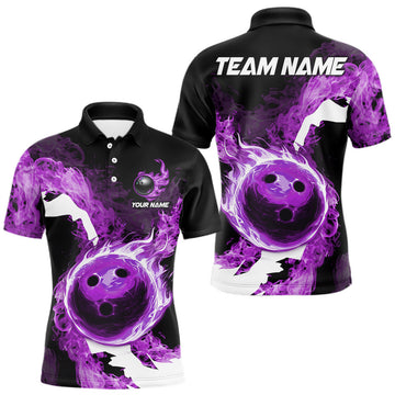 Maxcorners Purple Flame Fire Bowling Shirts for Men Custom Bowling Team Jersey Bowling Polo & Quarter-Zip Shirts
