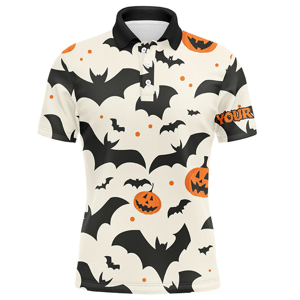 Maxcorners Bats and Pumpkin Halloween pattern Men golf polo shirts custom Halloween golf shirts for men