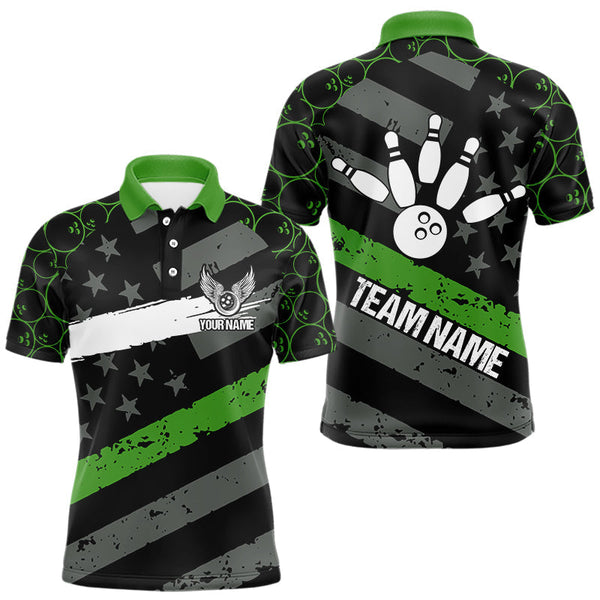 Maxcorners Black American flag Men bowling shirts Custom bowling camo Team Jerseys, gift for Bowlers | Green LM1610