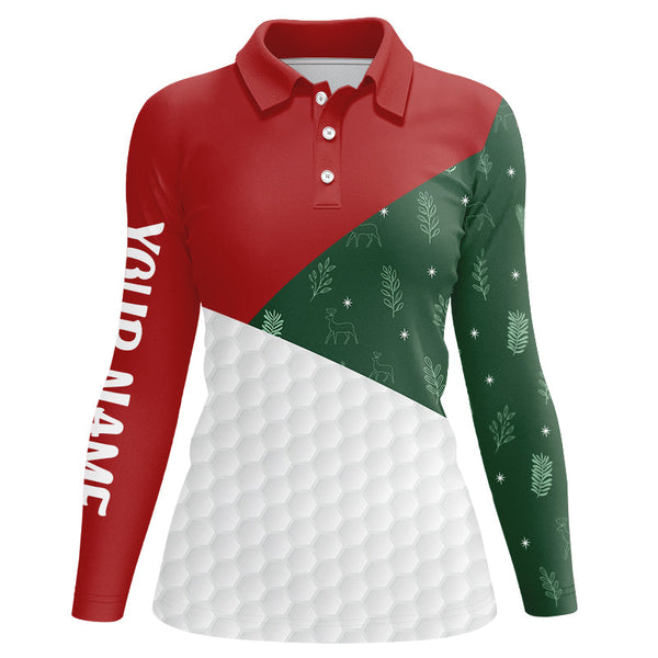 Maxcorners Red, White and Green Christmas pattern Women golf polo shirts custom Christmas golf outfits for ladies