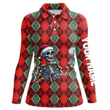 Maxcorners Funny Skull Christmas argyle plaid pattern Women golf polo shirt custom Christmas ladies golf outfits