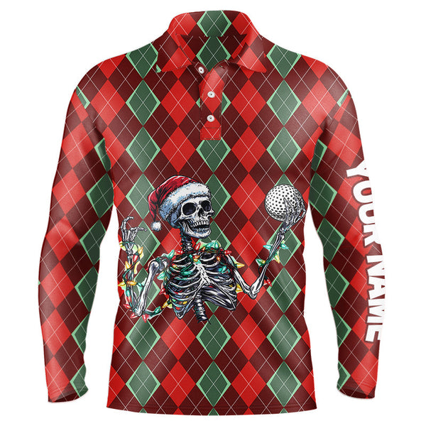 Maxcorners Funny Skull Christmas argyle plaid pattern Mens golf polo shirt custom Christmas golf outfits for mens