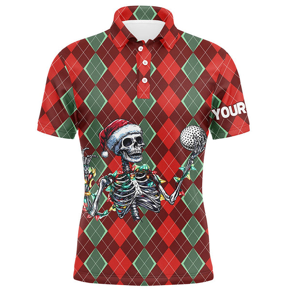 Maxcorners Funny Skull Christmas argyle plaid pattern Mens golf polo shirt custom Christmas golf outfits for mens