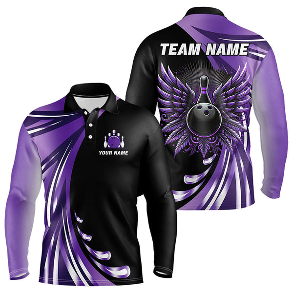 Maxcorners Black And Purple Bowling Ball And Pins Wings Bowling Shirts For Men Custom Team Bowling Jerseys