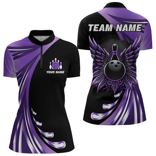 Maxcorners Black And Purple Bowling Ball And Pins Wings Bowling Shirts For Men Custom Team Bowling Jerseys