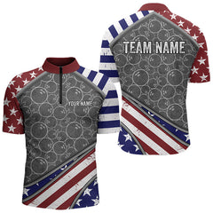 Maxcorners American Flag Gray Camo Bowling Polo, Quarter Zip Shirts For Men And Women Custom Patriotic Team Bowling Jersey