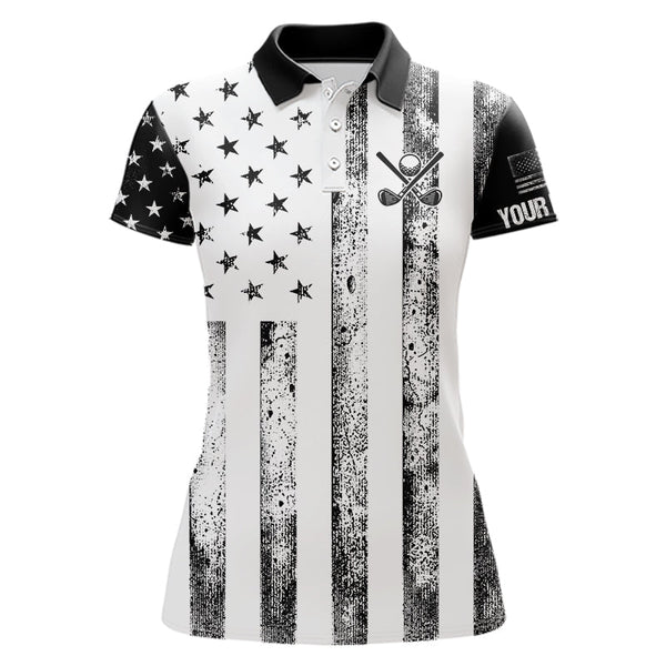 Maxcorners Personalized Black & White American Flag Retro Men Golf Polo Shirts Custom Patriotic Golf Top For Men