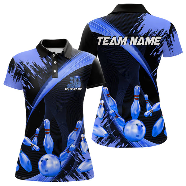 Maxcorners Personalized Black And Blue Bowling Polo, Quarter Zip Shirts For Mens Custom Bowling Team Jersey Lm173