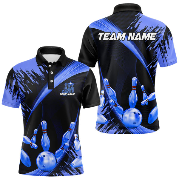 Maxcorners Personalized Black And Blue Bowling Polo, Quarter Zip Shirts For Mens Custom Bowling Team Jersey Lm173