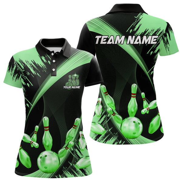 Maxcorners Personalized Black And Green Bowling Polo, Quarter Zip Shirts For Mens Custom Bowling Team Jersey Lm173