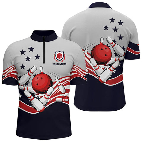 MaxCorners Bowling Ball And Pins American Flag Vintage Customized Name, Team Name 3D Stand Collar Zipper Polo Shirt