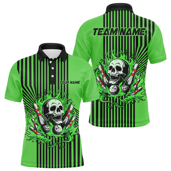 MaxCorners Bowling And Pins Green And Black Stripes Customized Name, Team Name 3D Polo Shirt For Men