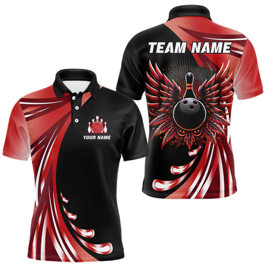 Maxcorners Black and Red Bowling Ball and Pins wings Bowling Shirts for Men Custom Team Bowling Jerseys LM1203