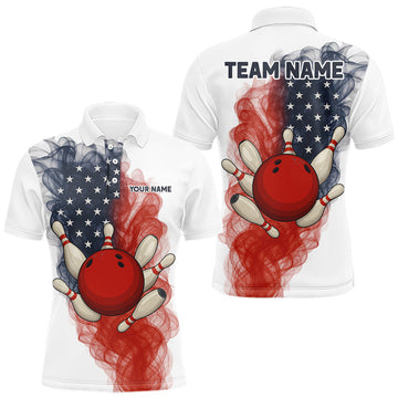 Maxcorners Custom Smoke American Flag White Bowling Shirts for Men Personalized Patriotic Team Bowling Jerseys LM1203