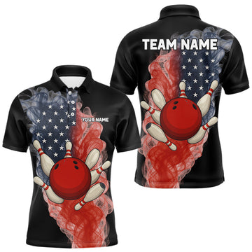 Maxcorners Custom Smoke American Flag Black Bowling Shirts for Men Personalized Patriotic Team Bowling Jerseys LM1203