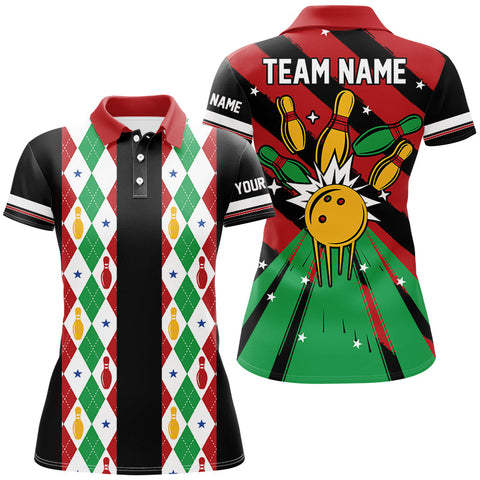 Maxcorners Christmas Argyle Pattern Bowling Jersey Customized Name, Team Name 3D Shirt Unisex