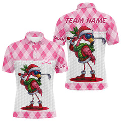 Maxcorners Funny Christmas Flamingo Mens golf polo shirt custom pink argyle pattern white golf apparel MT1511
