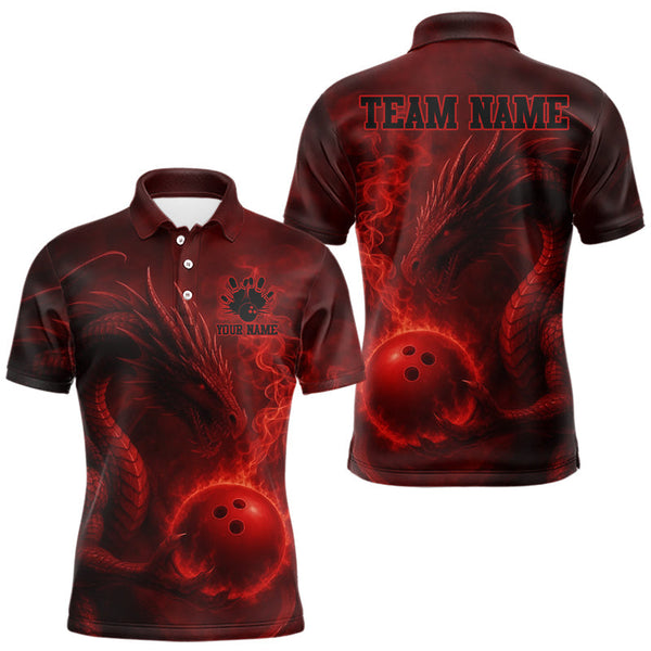 Maxcorners Red Flame Dragon Bowling Polo, 1/4 Zip Shirts For Men Custom Name Team Bowling League Jersey MT1511