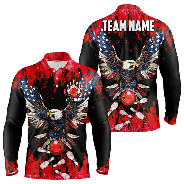 Maxcorners Red Flame Mens Bowling Shirts Custom American Flag Eagle Team Bowling Shirts, Gift For Bowlers