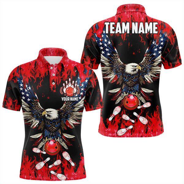 Maxcorners Red Flame Mens Bowling Shirts Custom American Flag Eagle Team Bowling Shirts, Gift For Bowlers