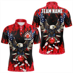 Maxcorners Red Flame Mens Bowling Shirts Custom American Flag Eagle Team Bowling Shirts, Gift For Bowlers
