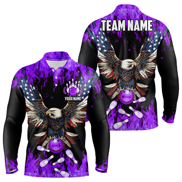 Maxcorners Purple Flame Mens Bowling Shirts Custom American Flag Eagle Team Bowling Shirts, Gift For Bowlers