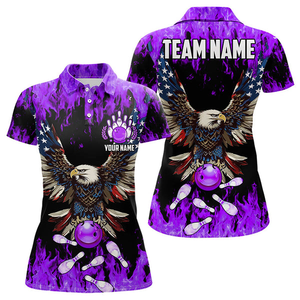Maxcorners Purple Flame Mens Bowling Shirts Custom American Flag Eagle Team Bowling Shirts, Gift For Bowlers